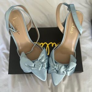 Lulu's Sky Blue Satin Bow Heels